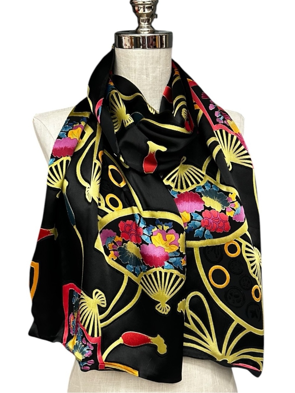 Chico’s Silk Blend Asian Fan Floral Oversized Scarf Wrap Shawl Black Multicolor